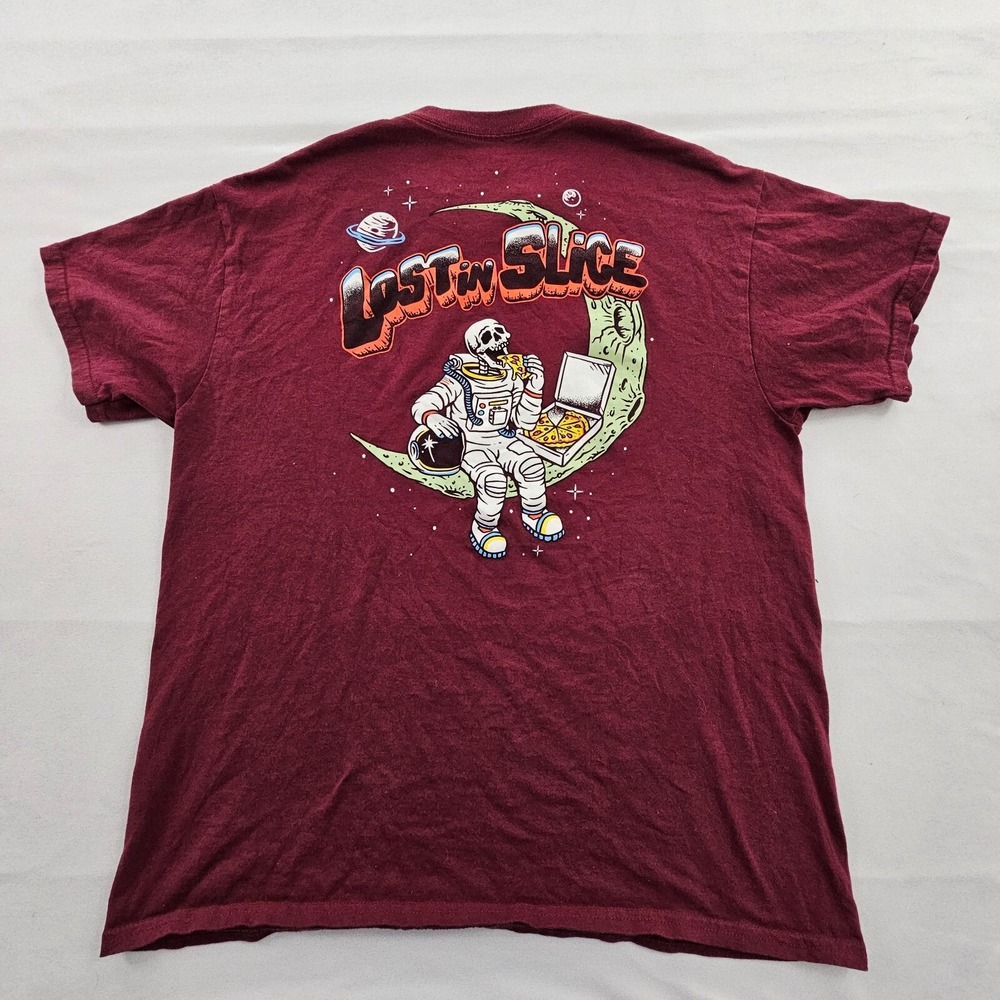 Lost in Slice Pizza Skeleton Red Short Sleeve Cotton T-Shirt Men's L